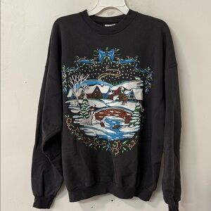 Hanes Black Sweater with Winter Scene 90’s vintage